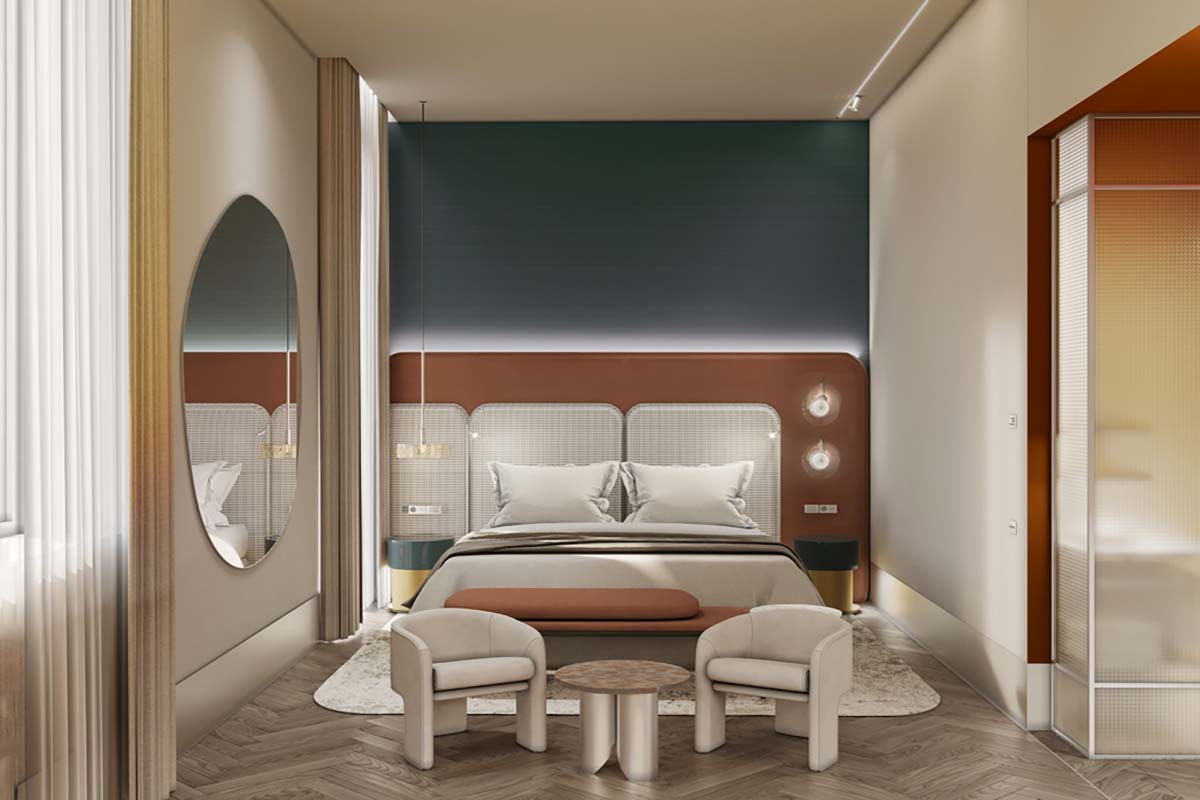 a room with a bed and round mirror