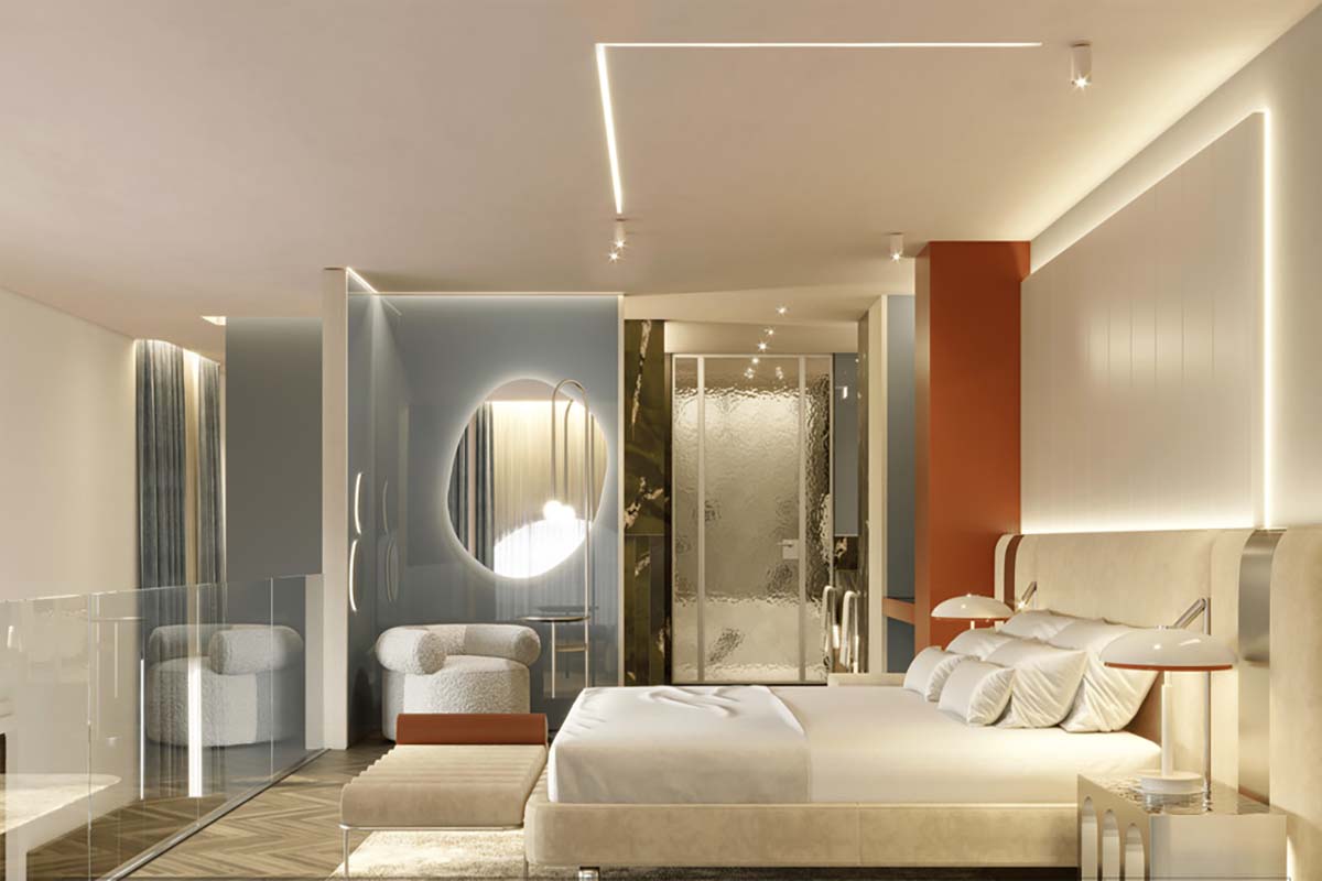 a bedroom with a bed and a glass shower