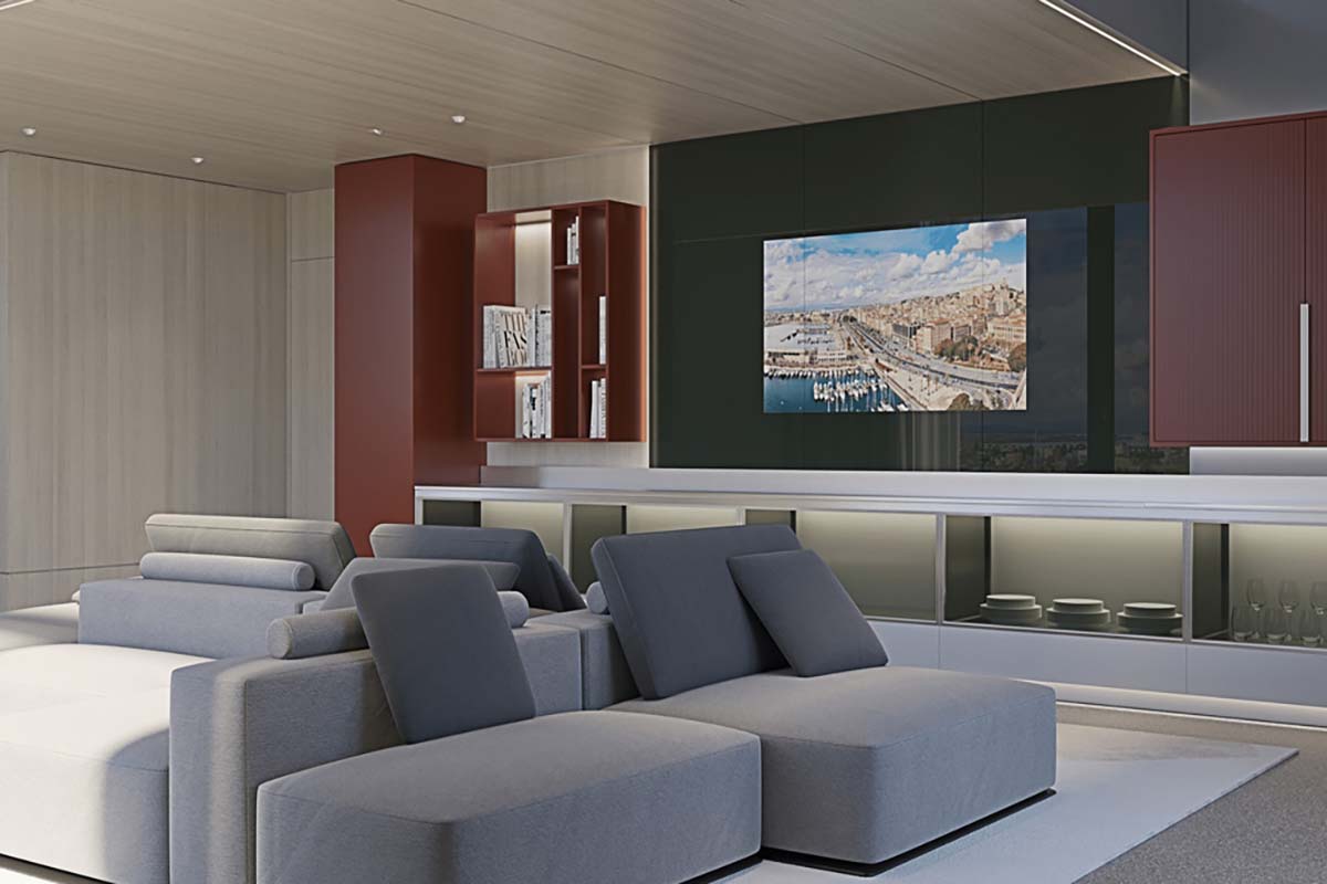 a room with a couch and a tv