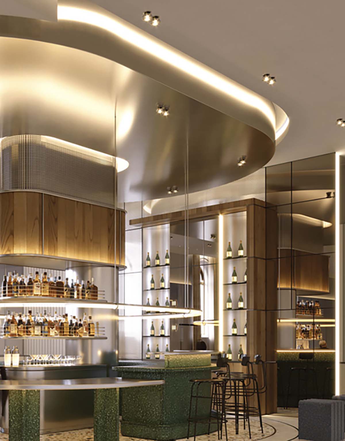 a bar with shelves of liquor