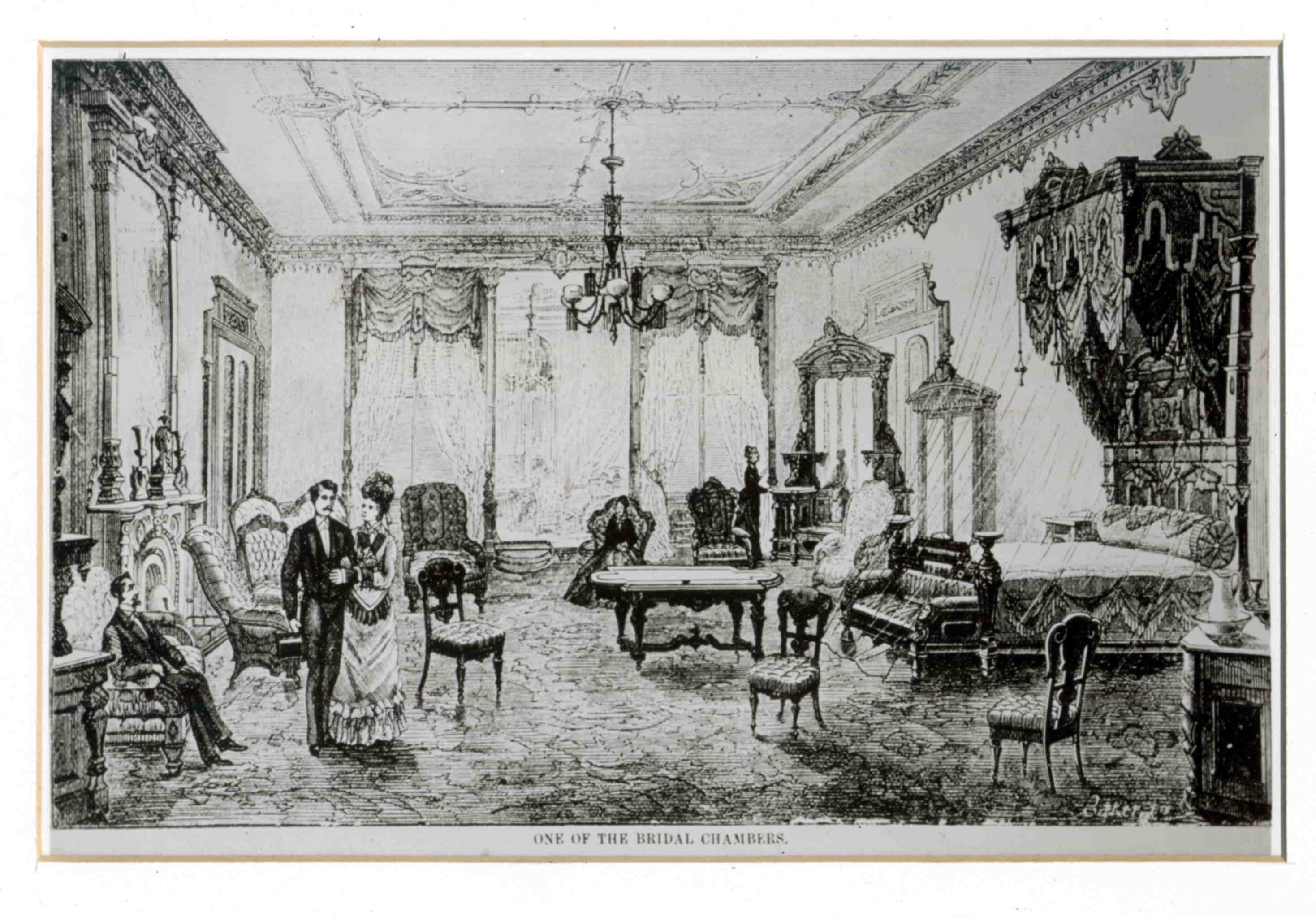 a drawing of a room with people in the foreground