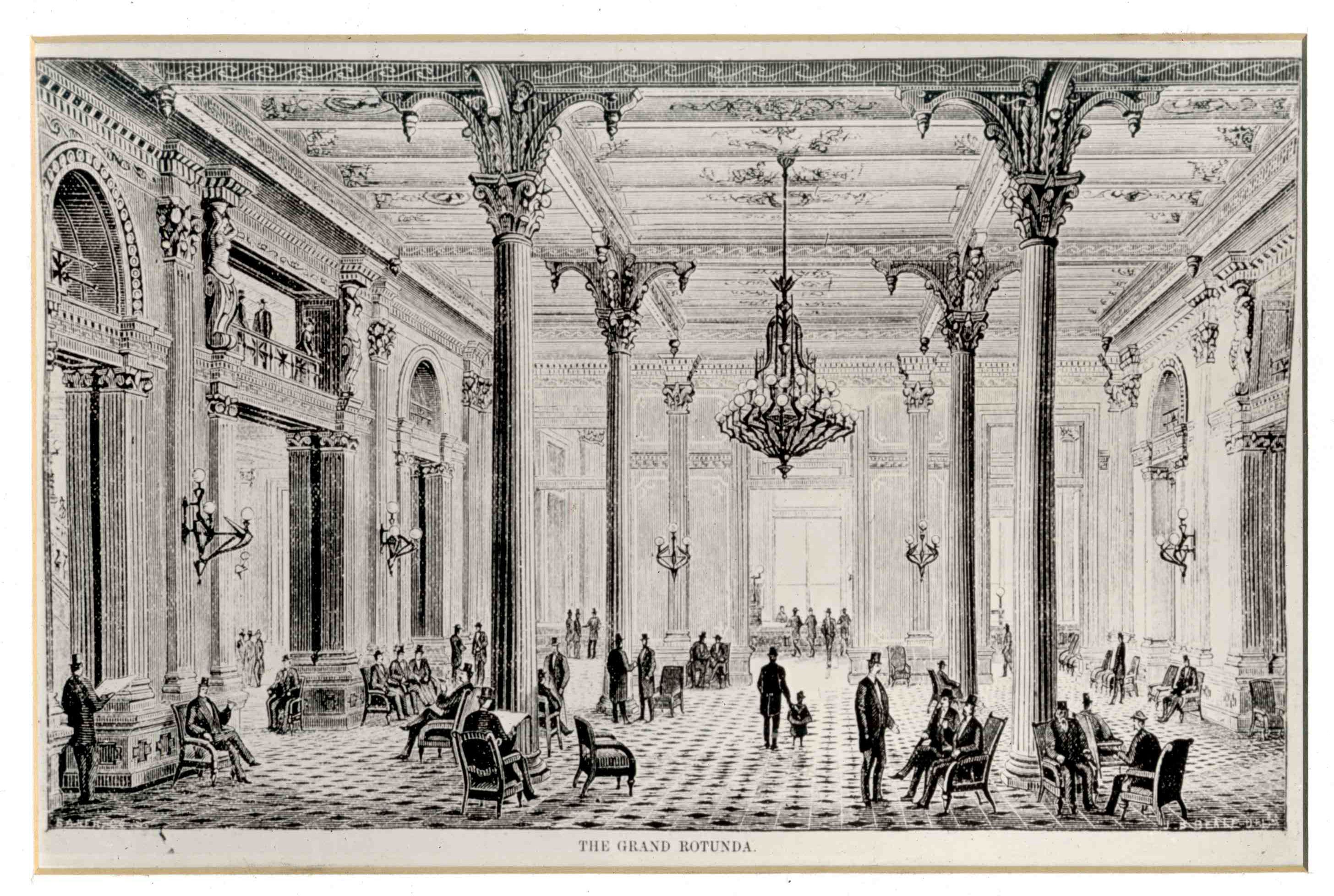 a black and white drawing of a large room with columns and people