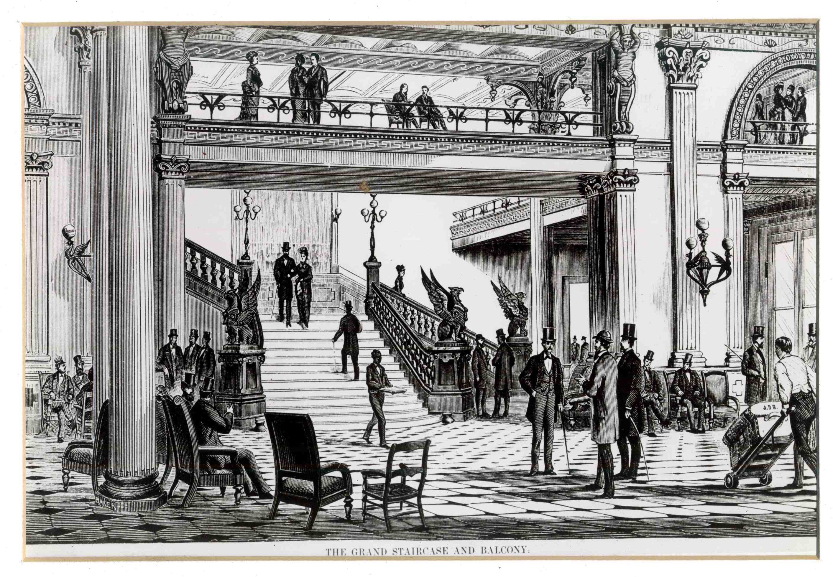 a black and white drawing of people in a room