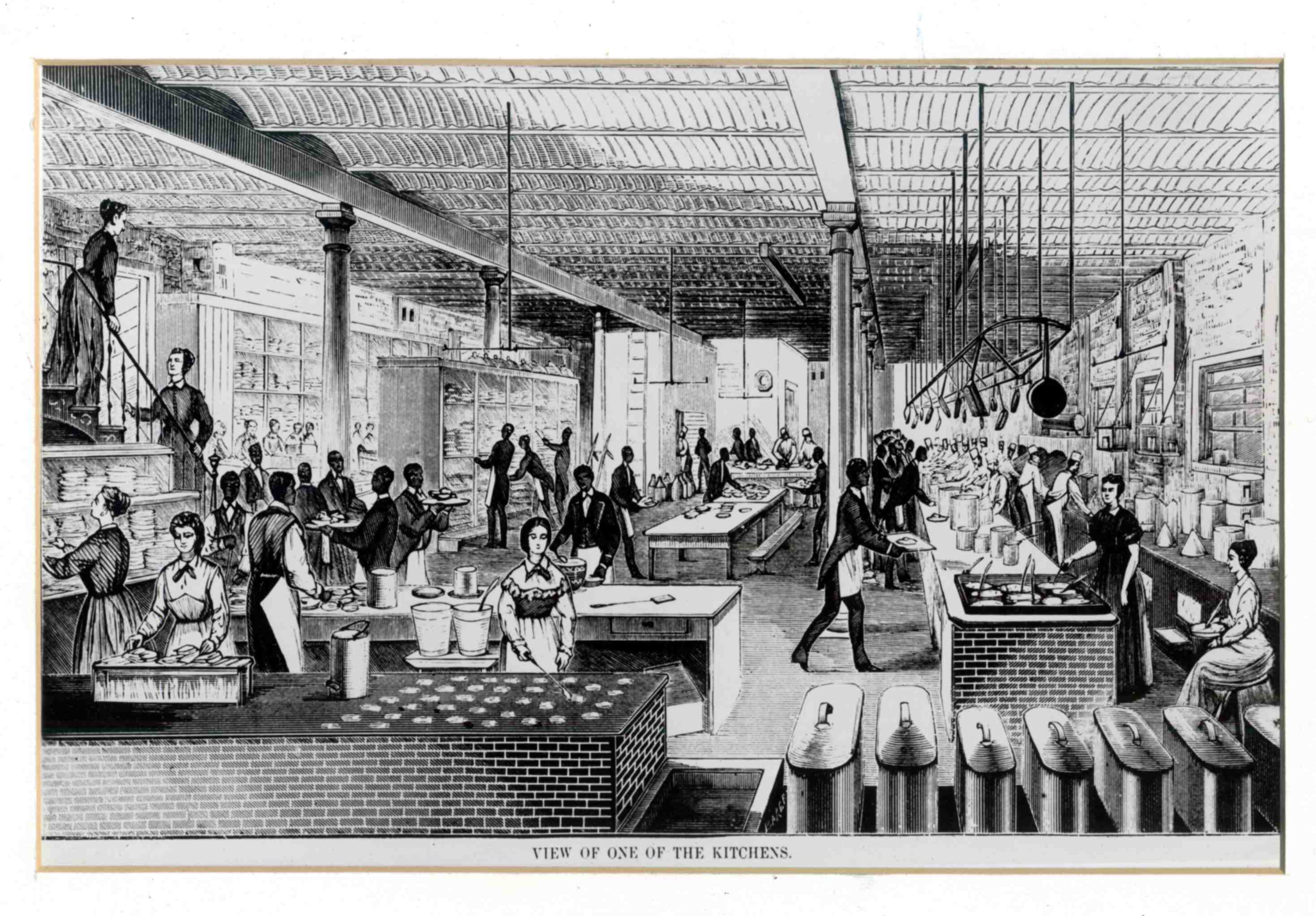a black and white drawing of people in a kitchen