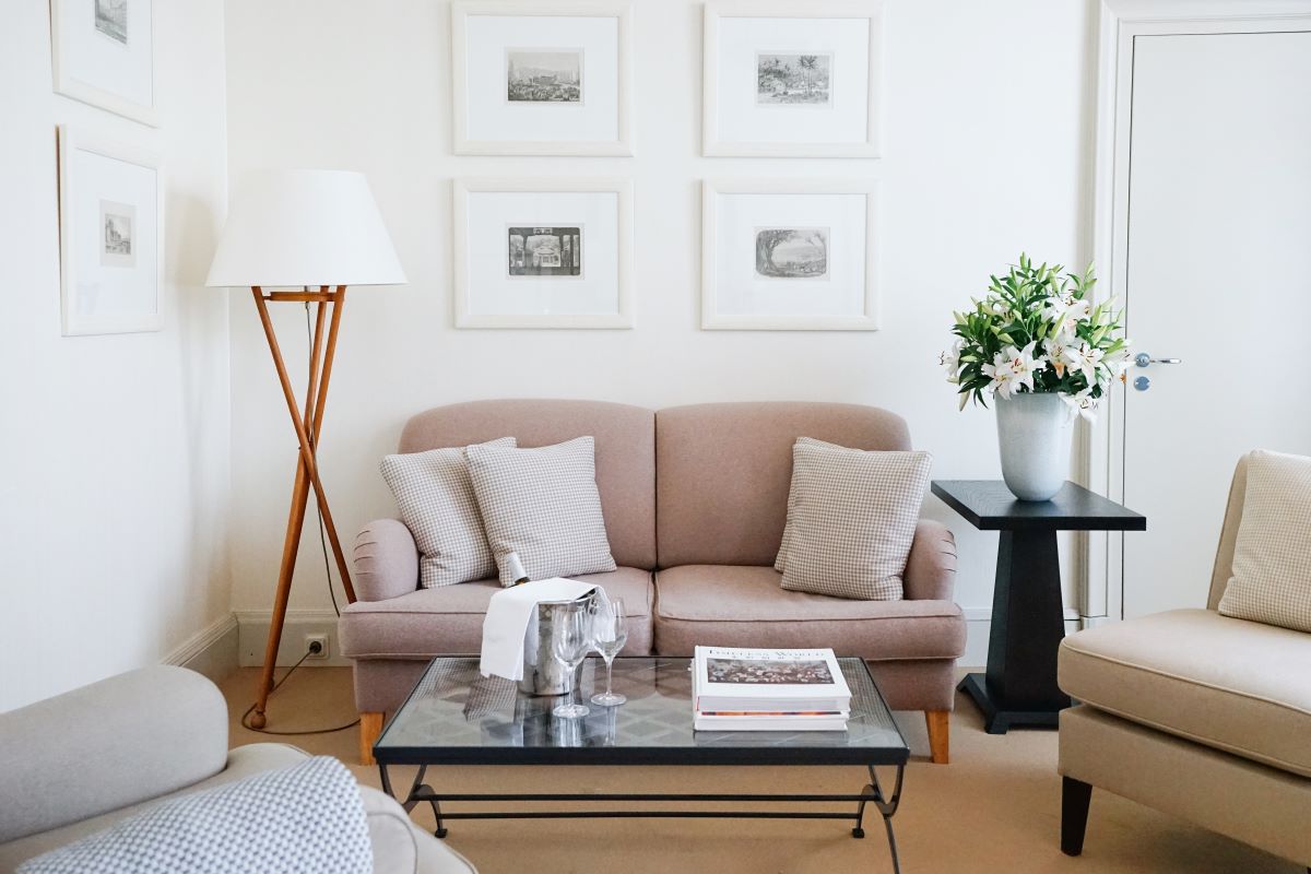 a living room with a couch and a coffee table