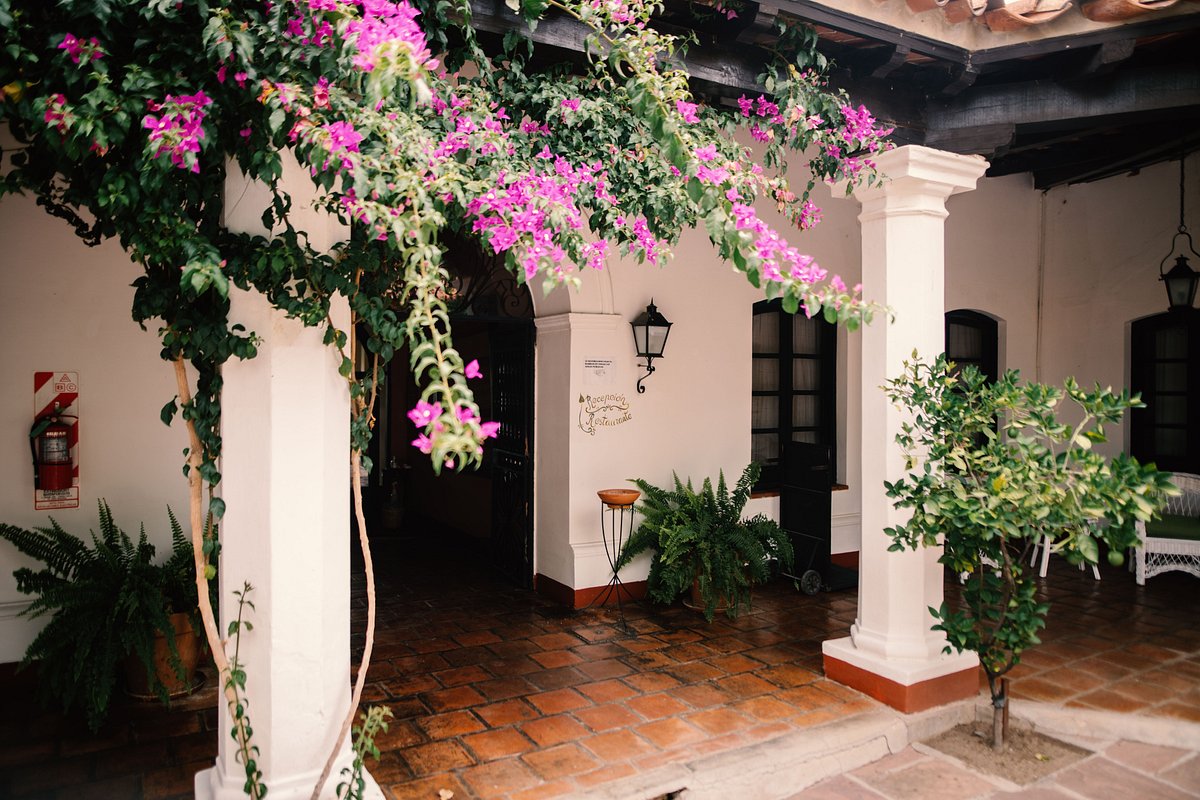 a white building with purple flowers