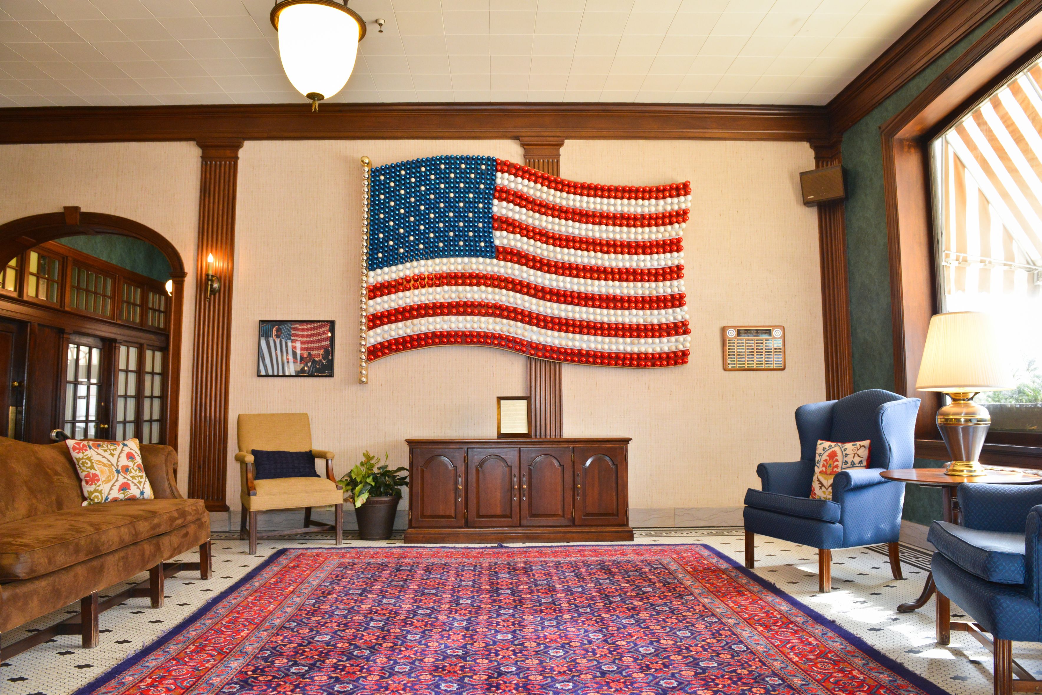 a room with a flag on the wall