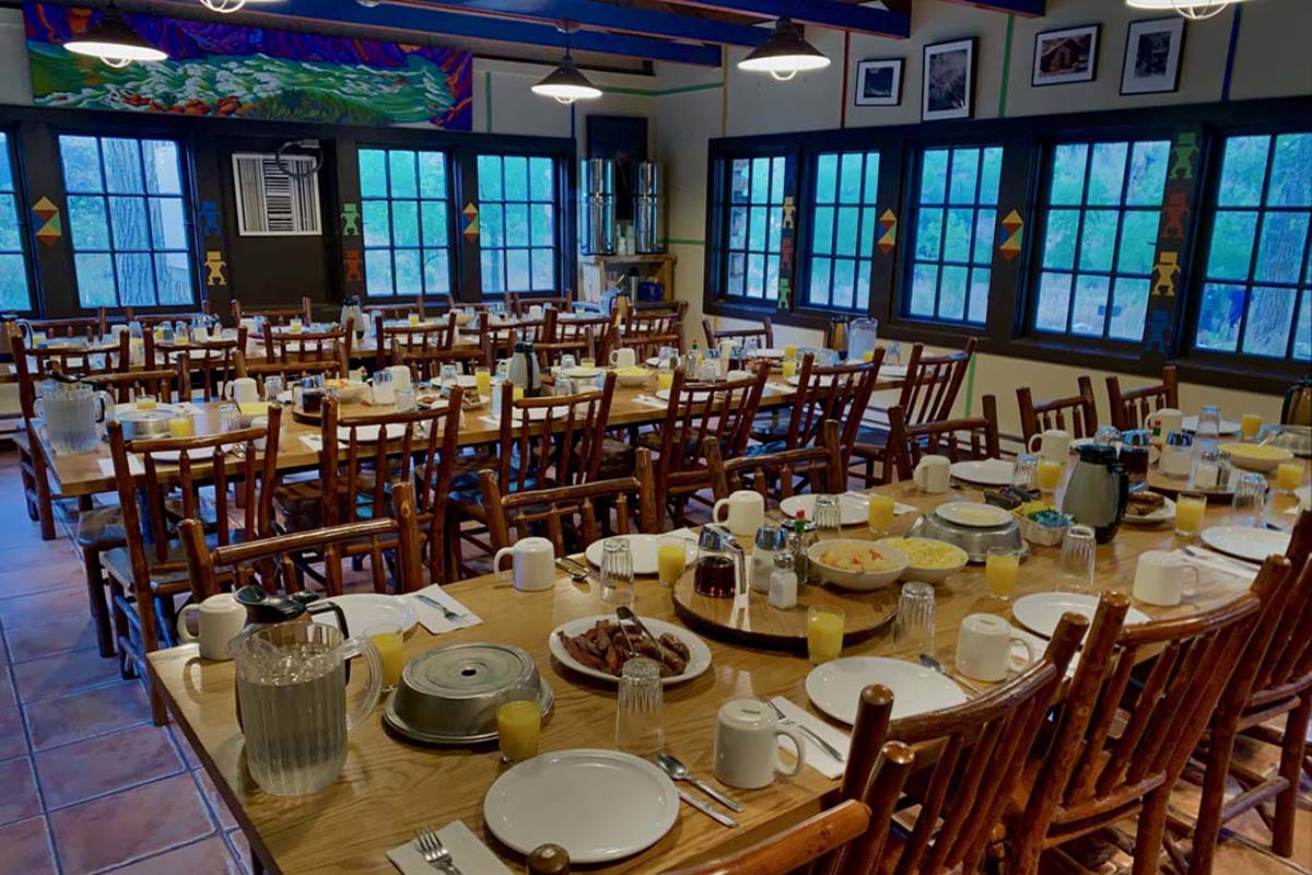 a large room with tables and chairs