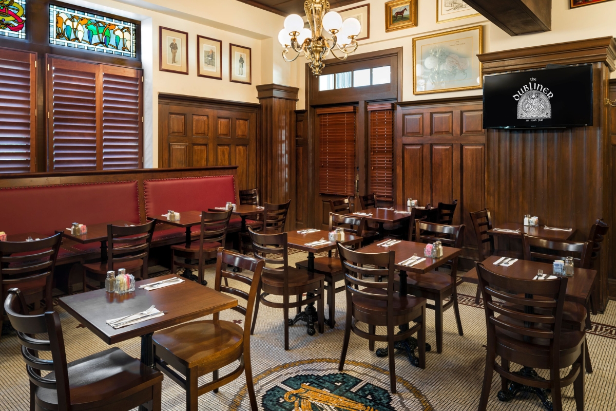 a room with tables and chairs