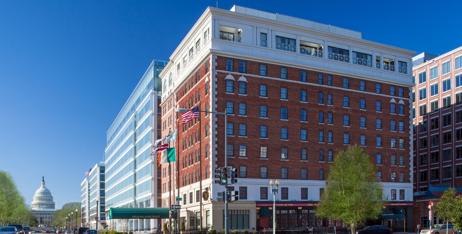 a building with flags on the side