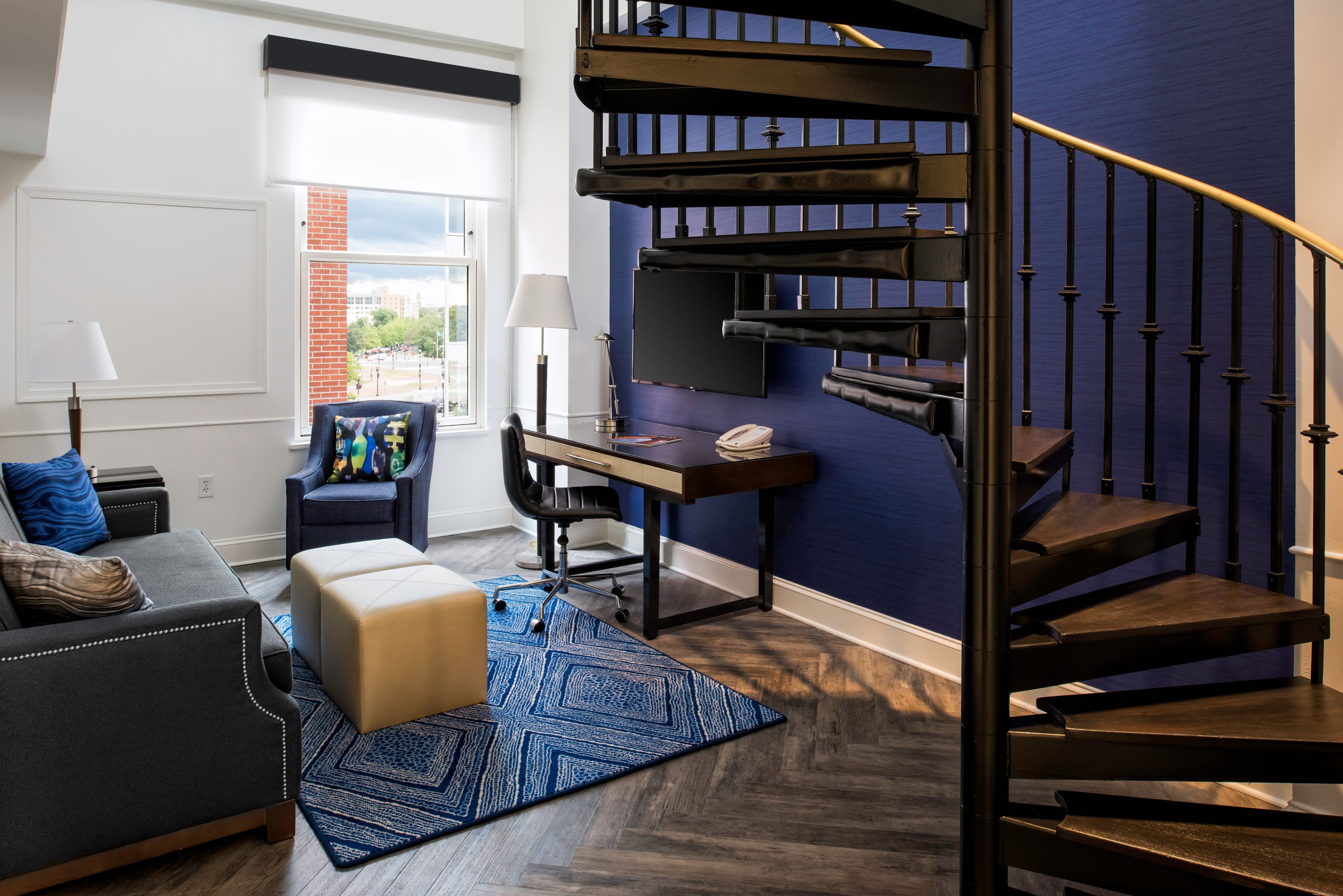 a spiral staircase in a room