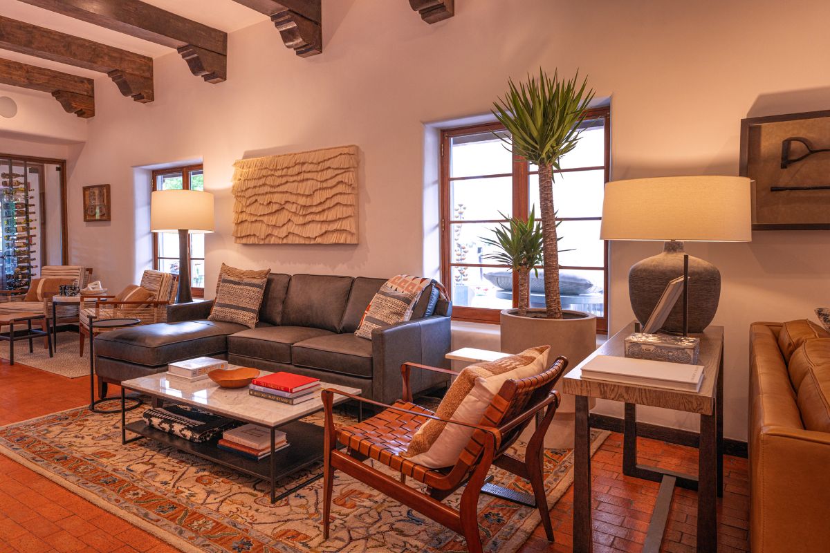 a living room with a couch and a table