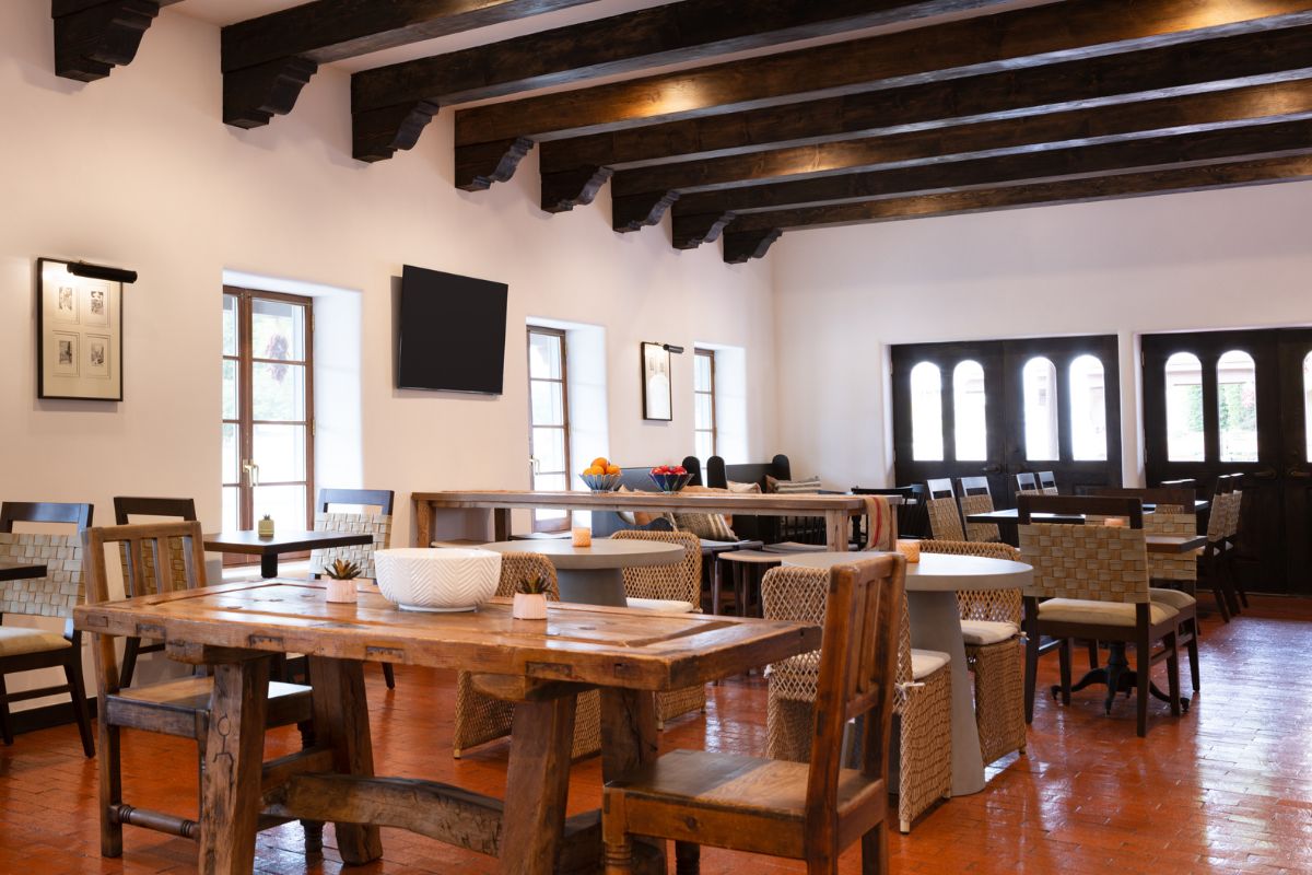 a room with tables and chairs