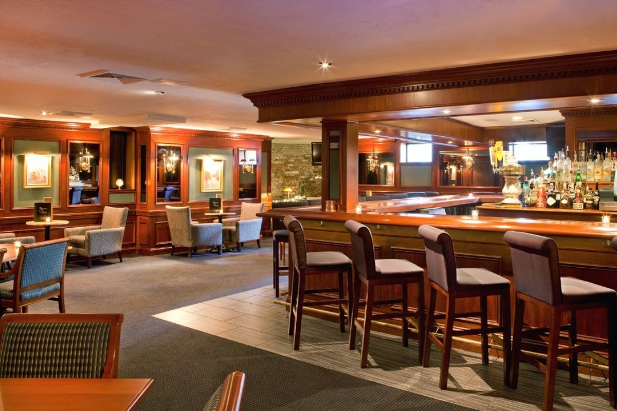 a bar with chairs and tables