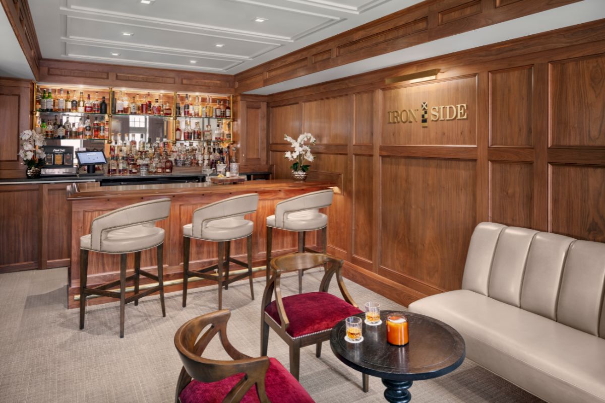 a bar with a counter and chairs