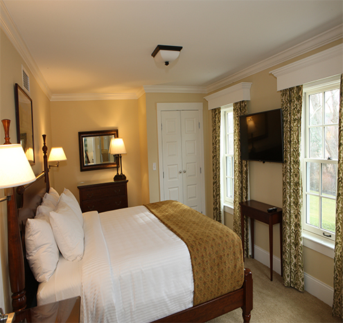 a bedroom with a bed and a television