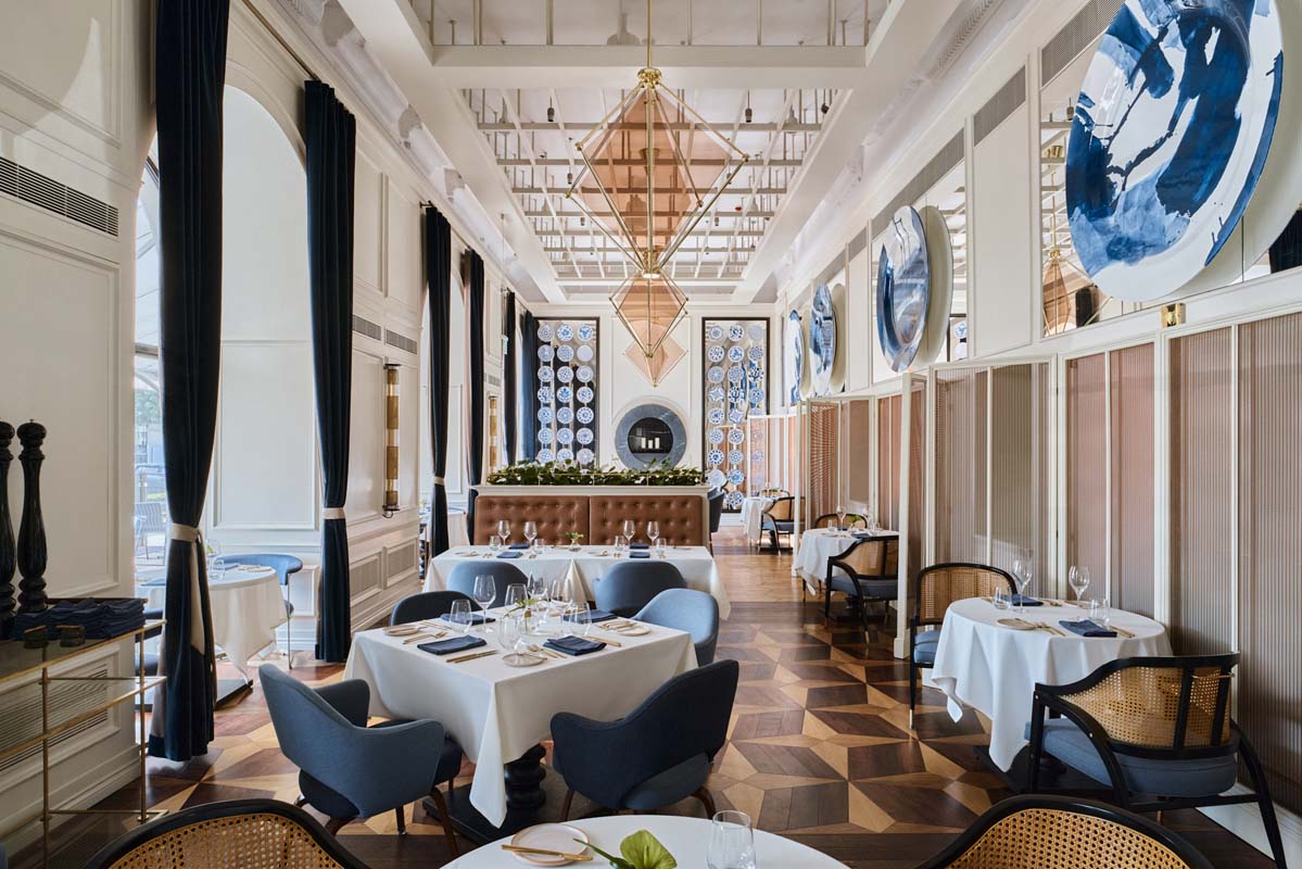 a room with tables and chairs