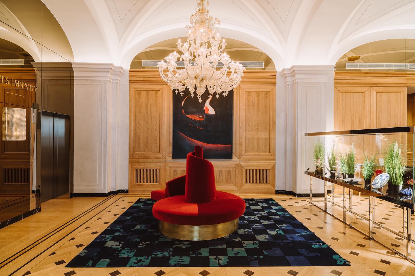 a large red chair in a room