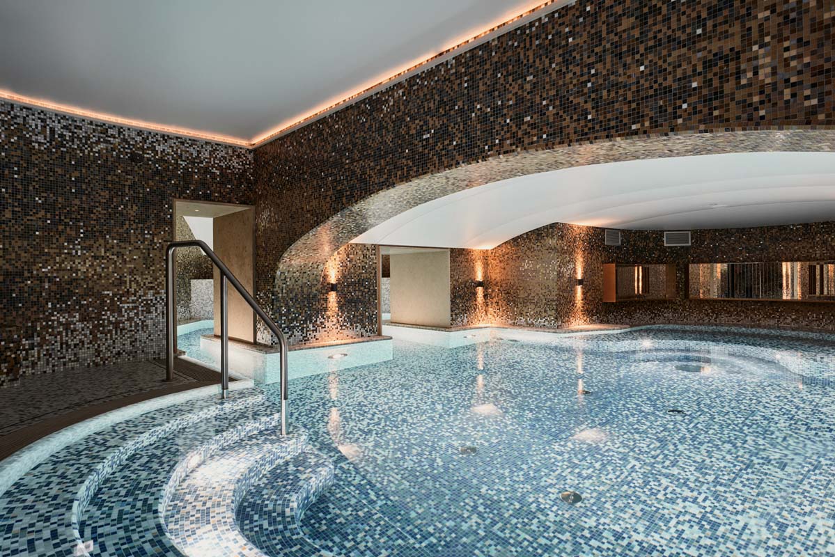 a indoor pool with a staircase