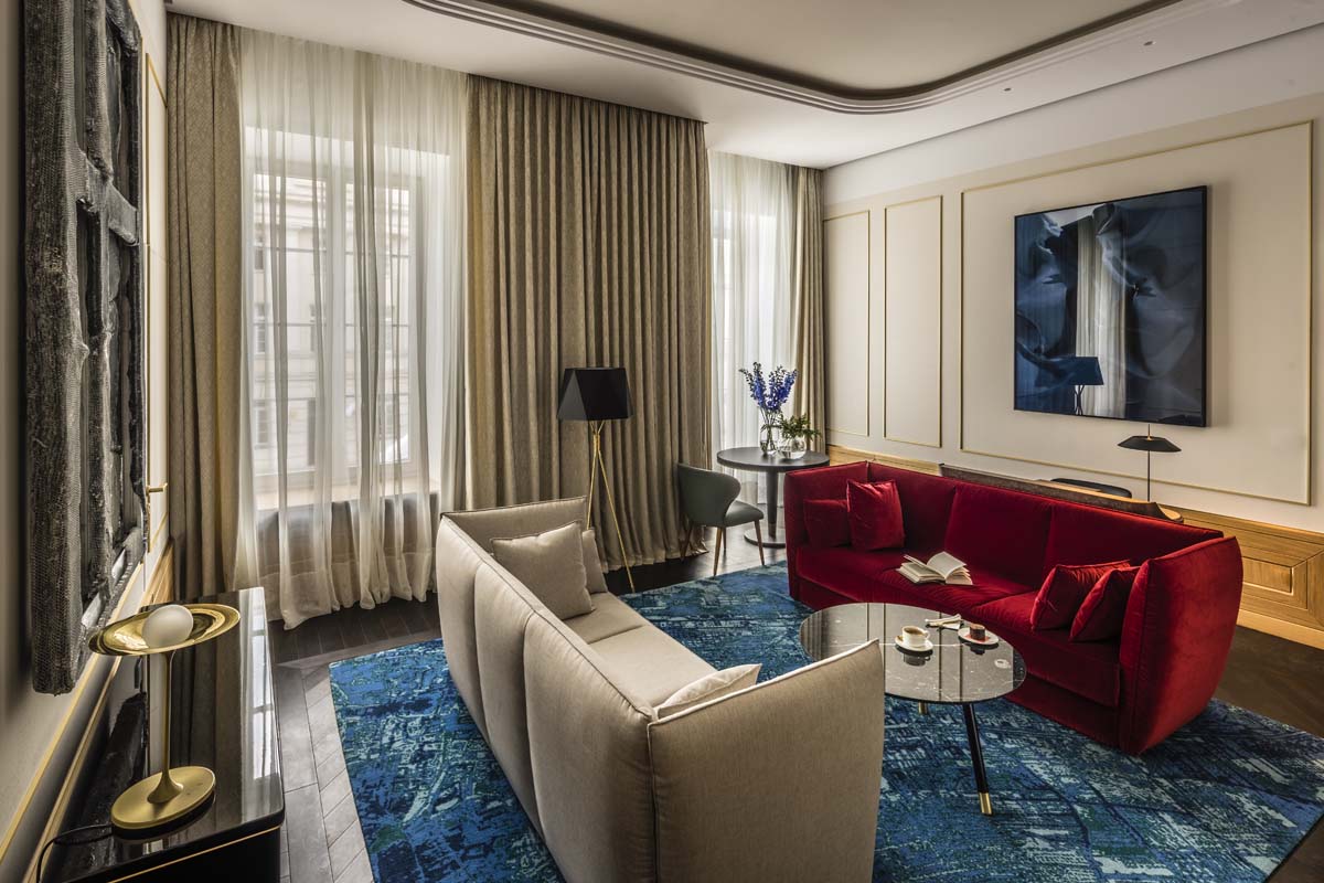 a living room with a couch and a table