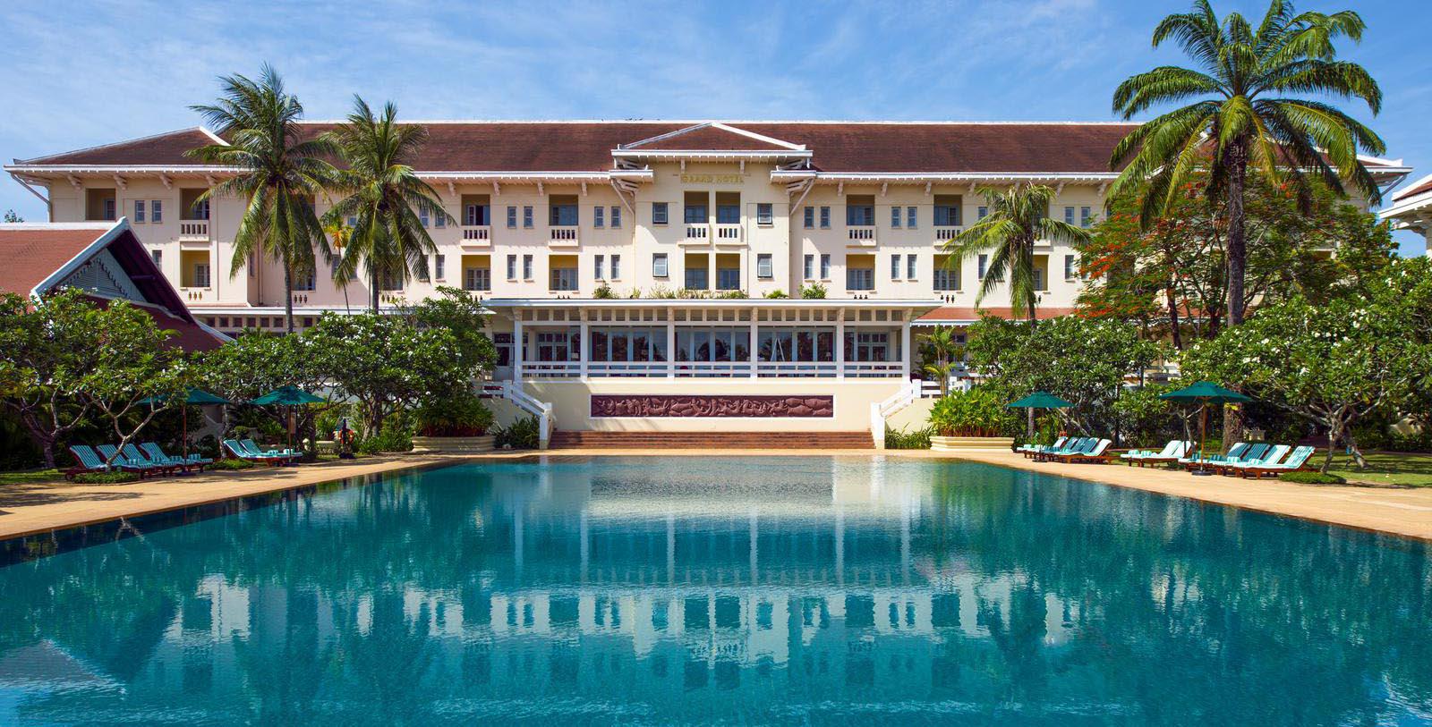 a pool in front of a building