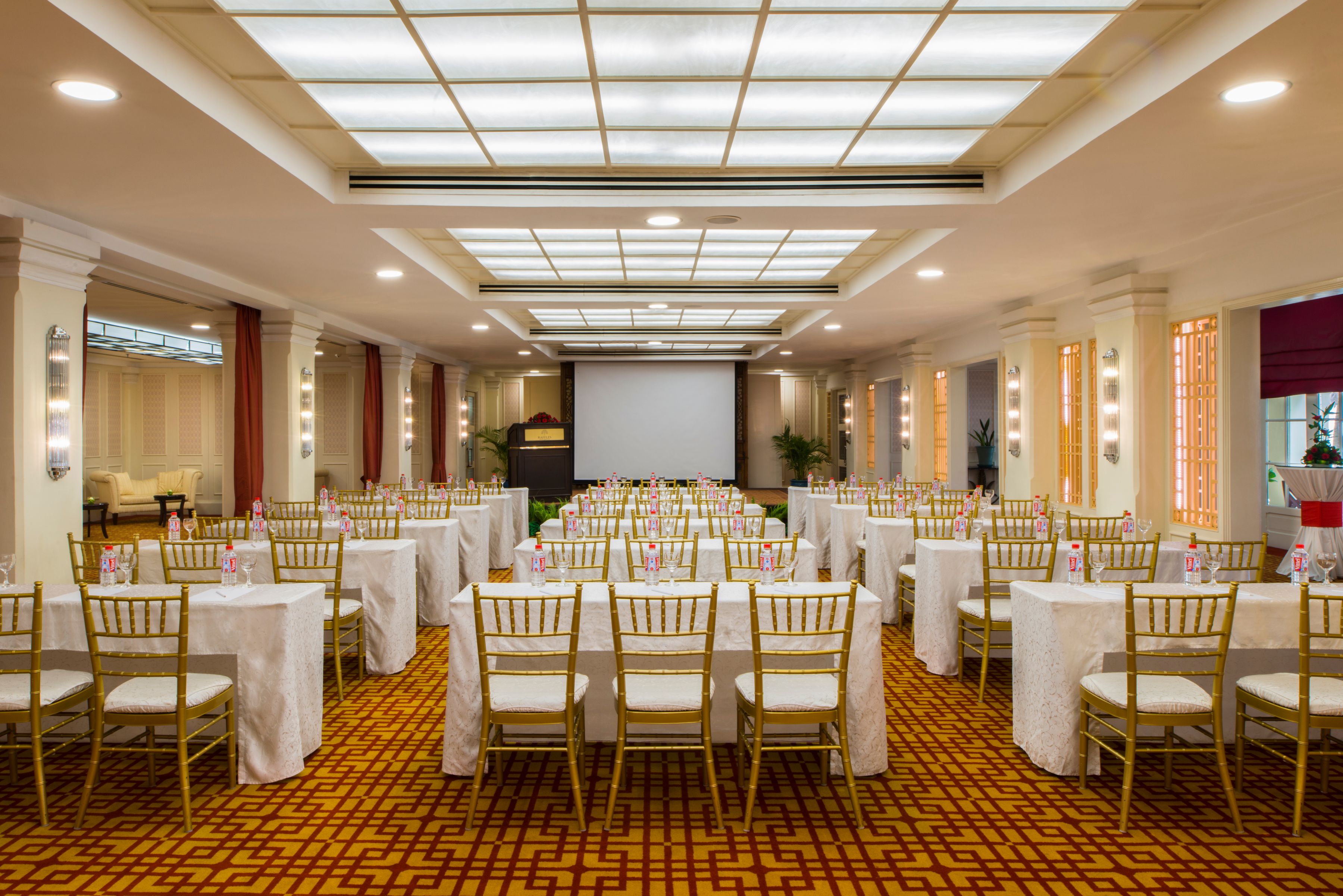 a room with tables and chairs