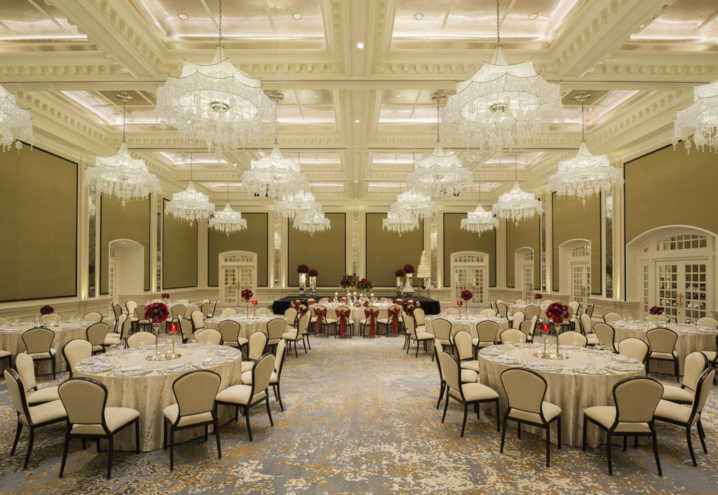 a large room with tables and chairs