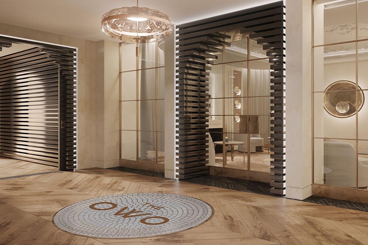 a room with a mirror door and a round rug