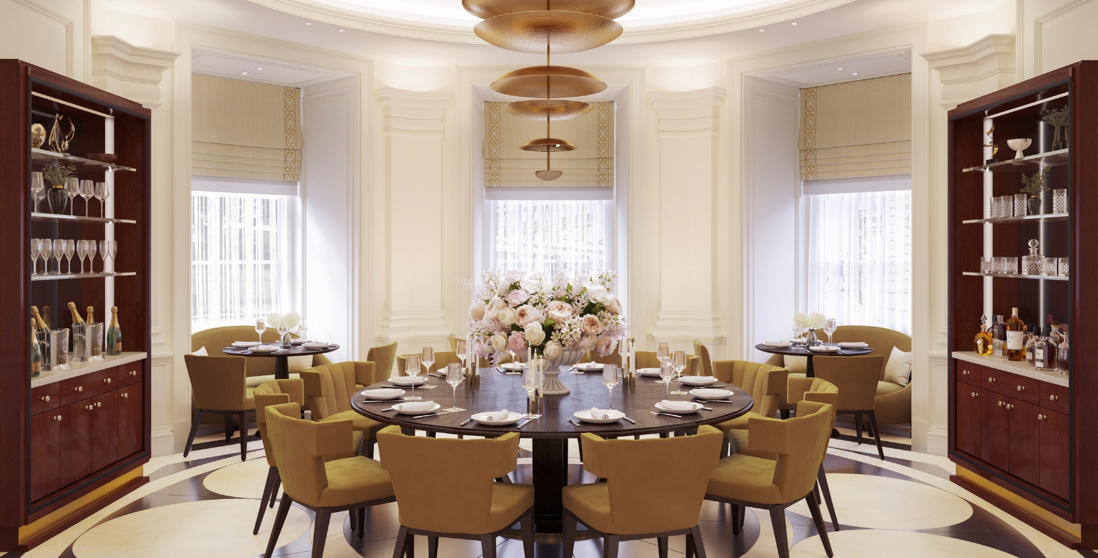 a room with a round table and chairs