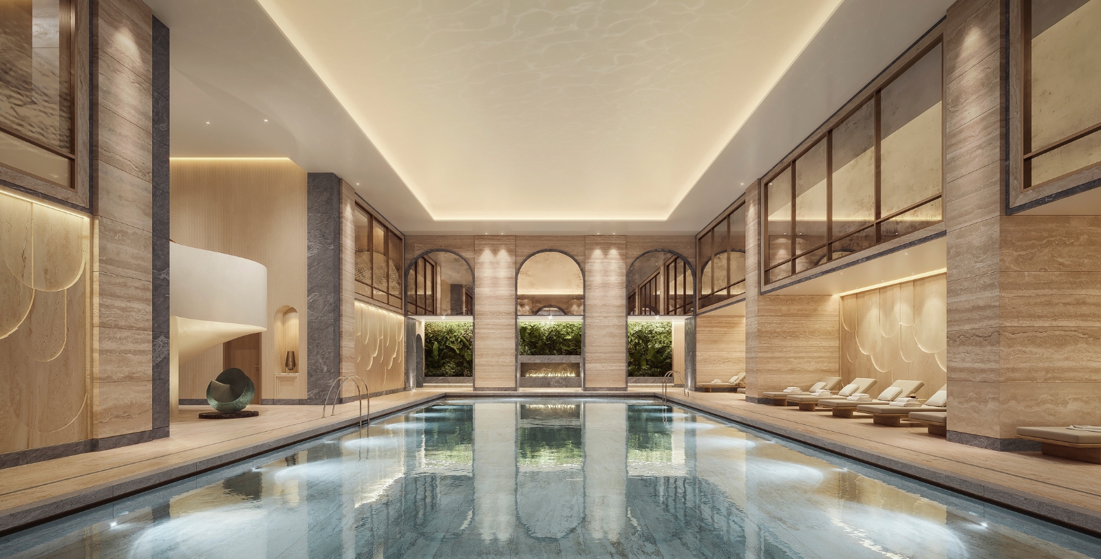 a indoor pool with a large pool