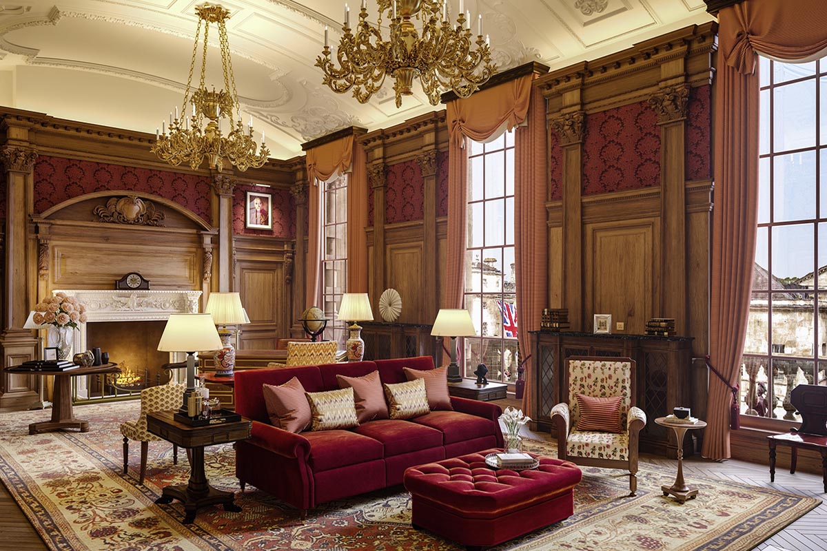 a living room with a chandelier and couch