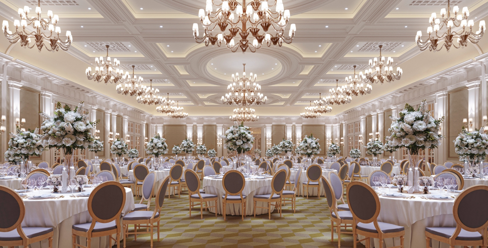 a large room with tables and chairs