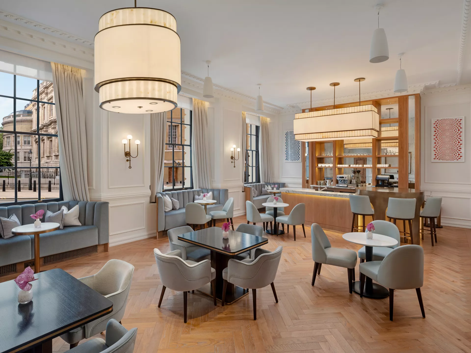 a room with tables and chairs