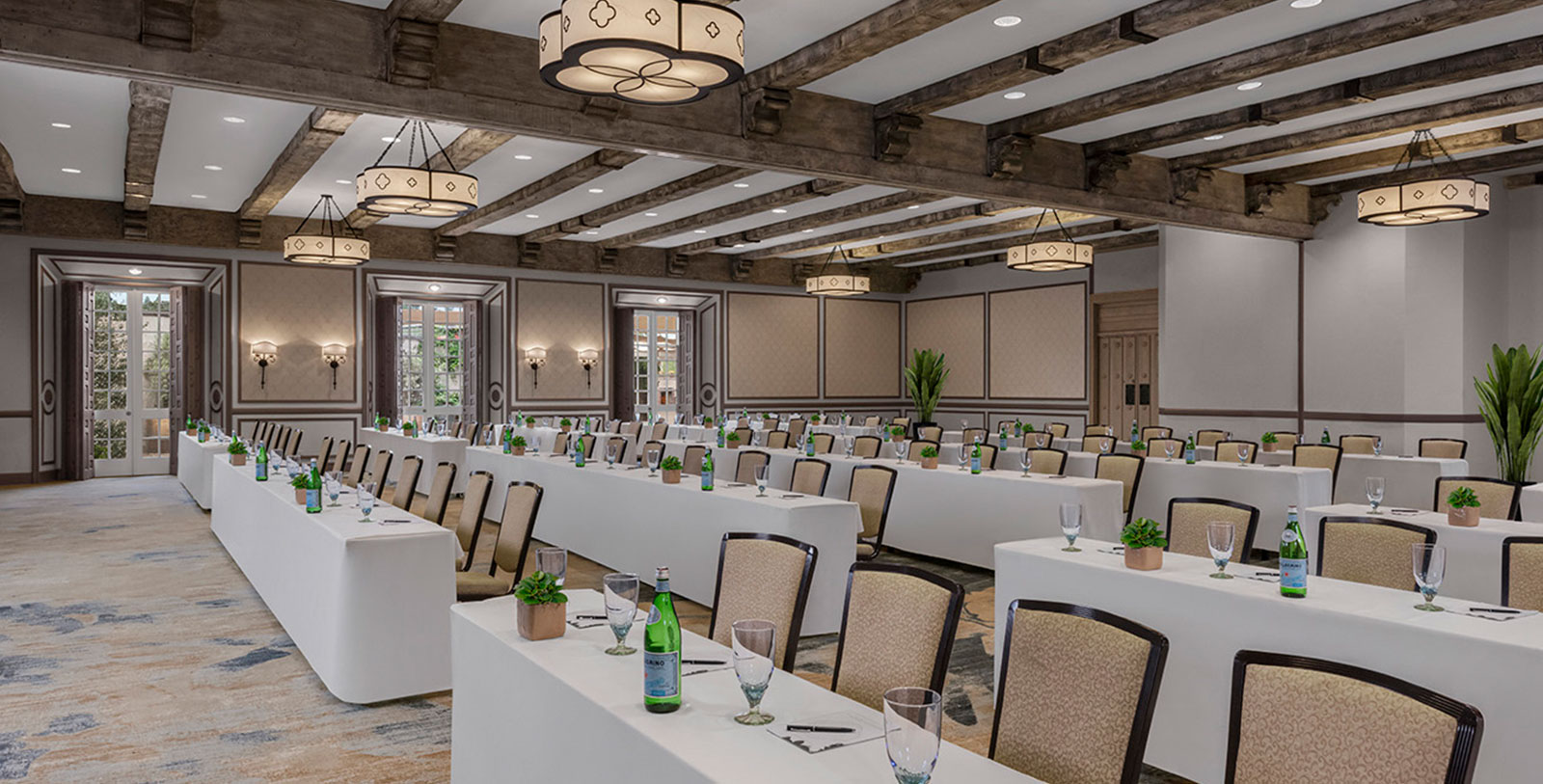 a large room with tables and chairs