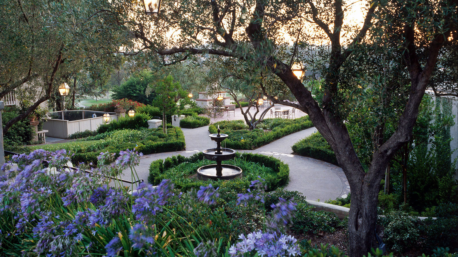 a fountain in a garden