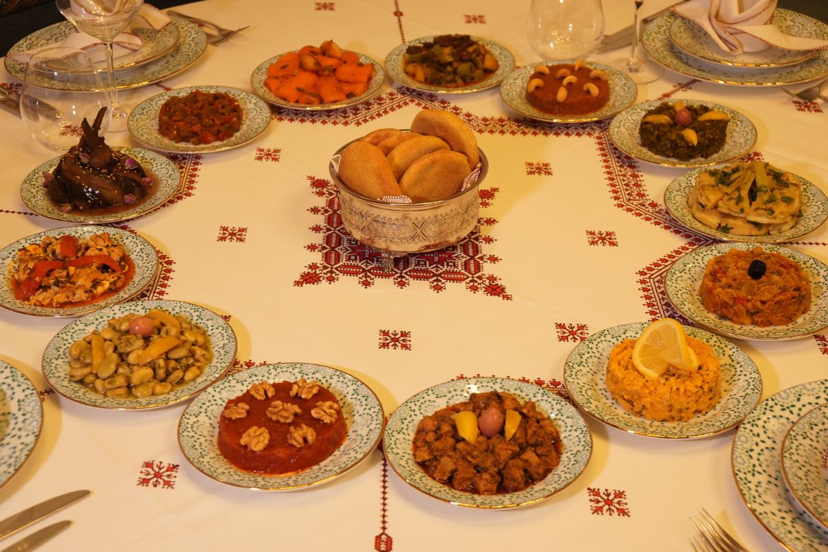 a table with plates of food