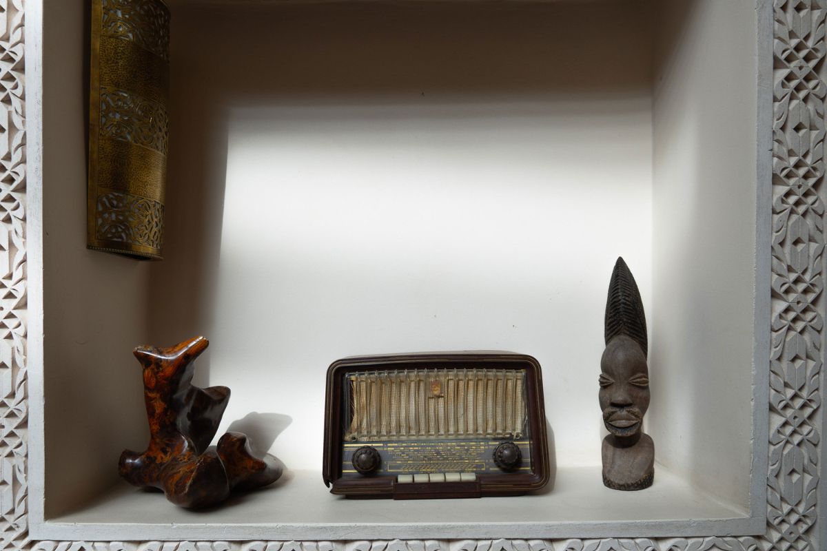 a shelf with objects on it