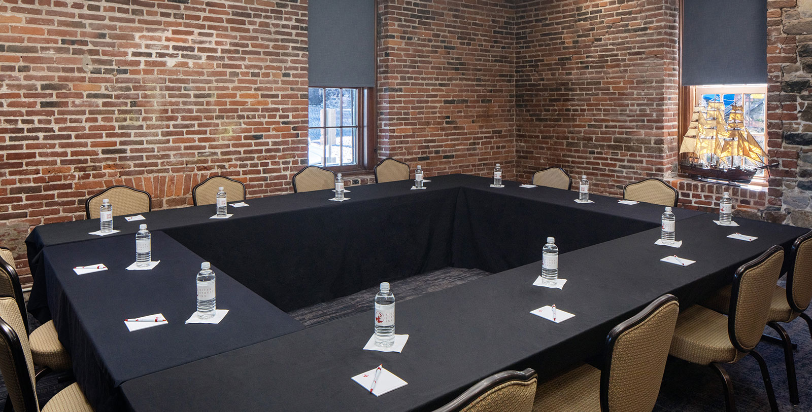 a table with water bottles on it