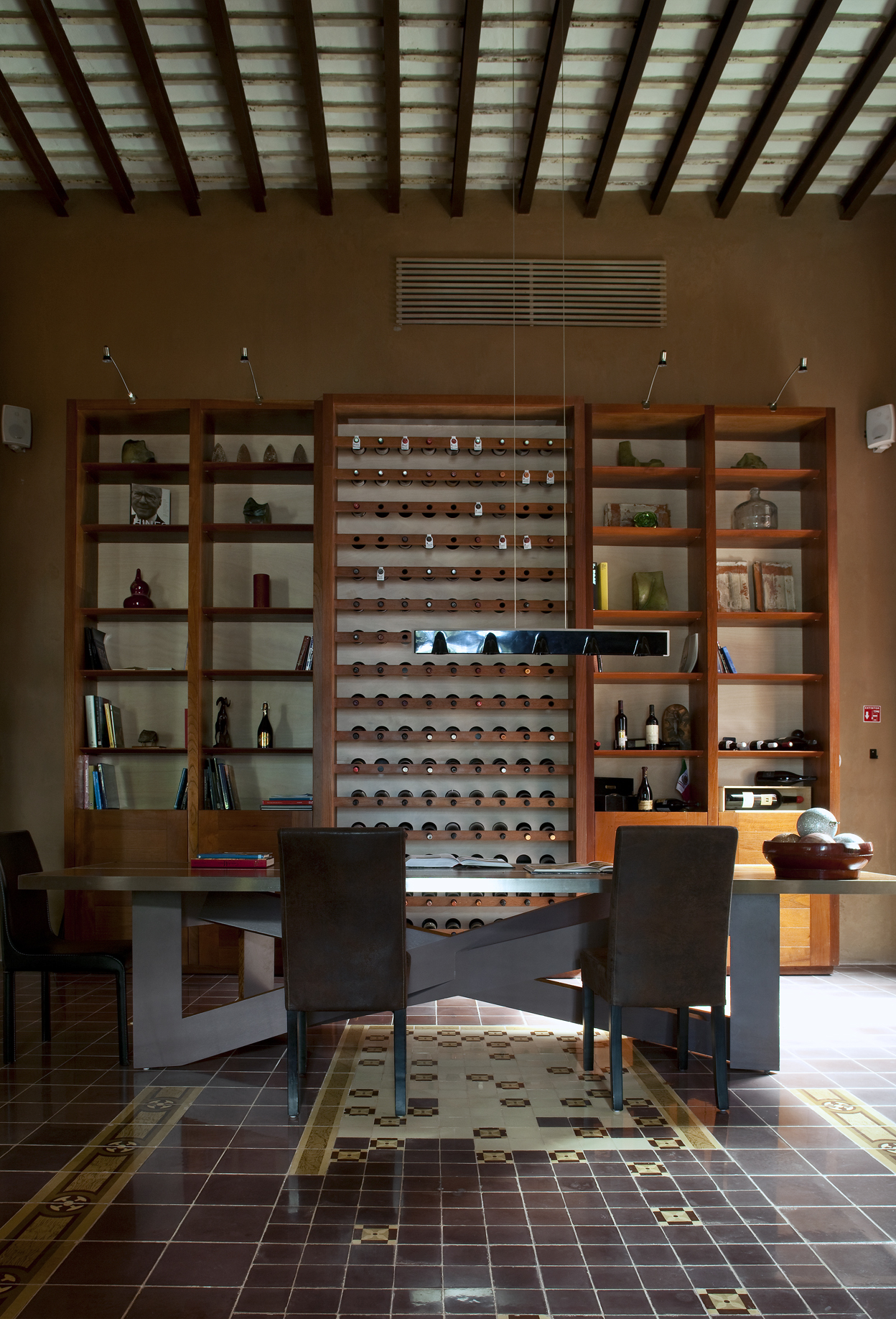 a room with a table and chairs