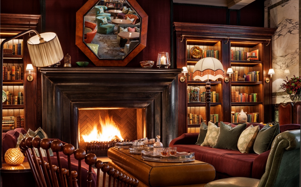a room with a fireplace and a couch