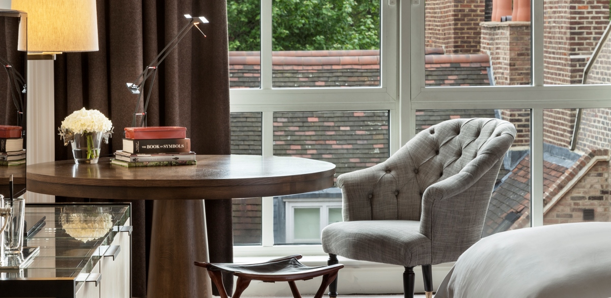 a chair and table in a room