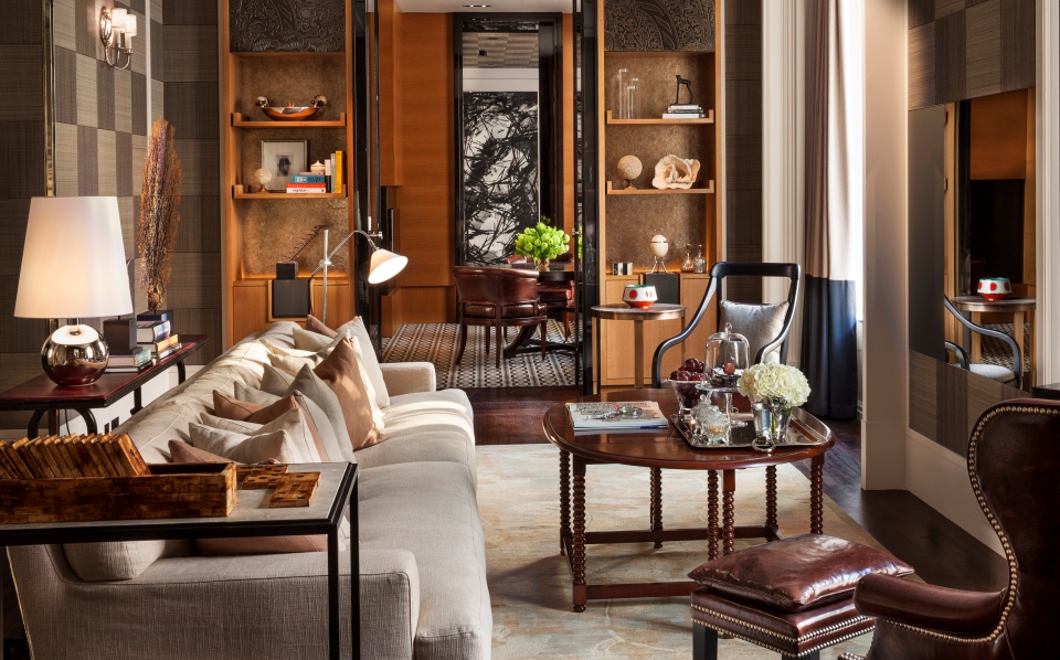 a living room with a couch and a table