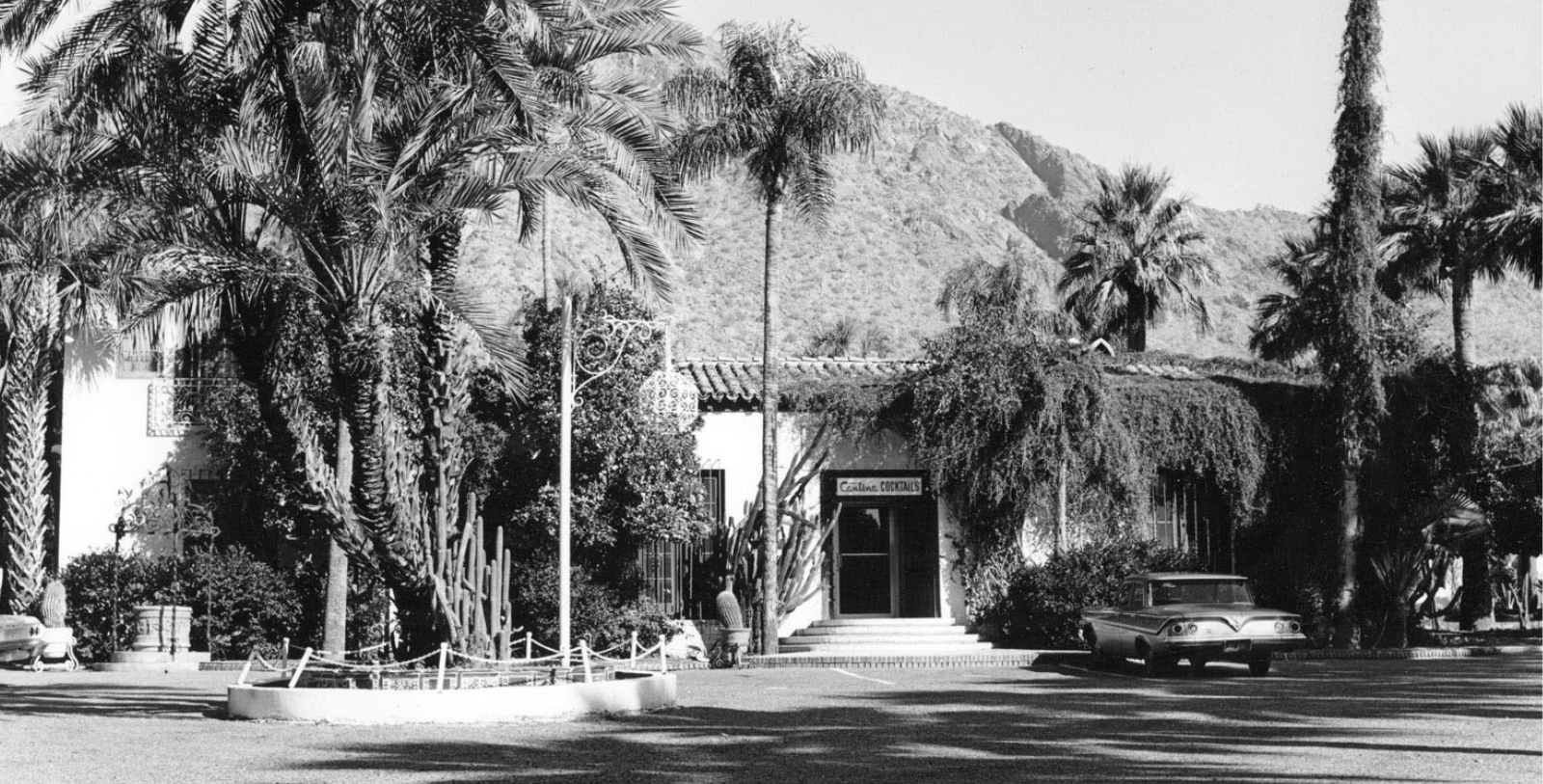 a building with palm trees and a mountain in the background