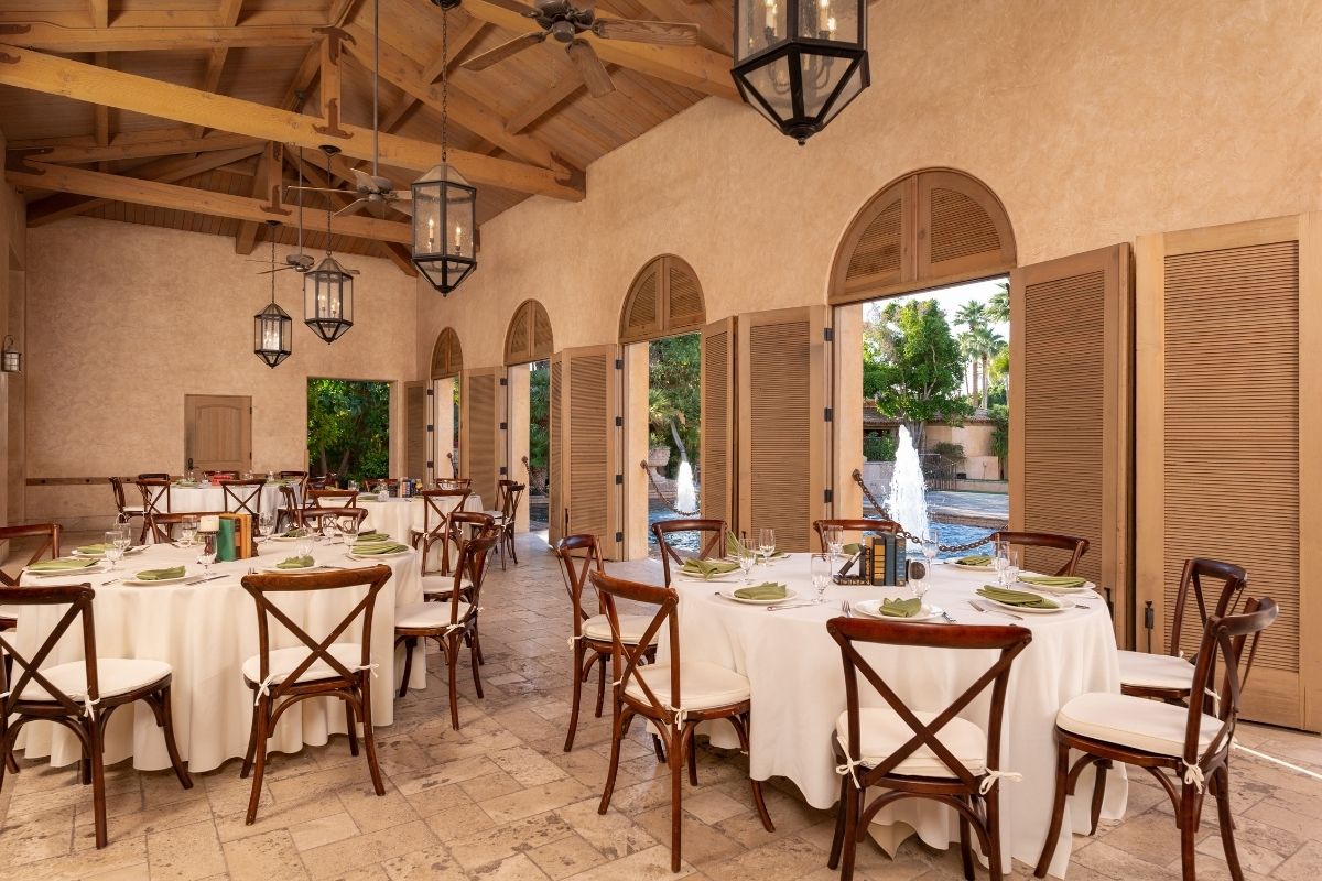a room with tables and chairs