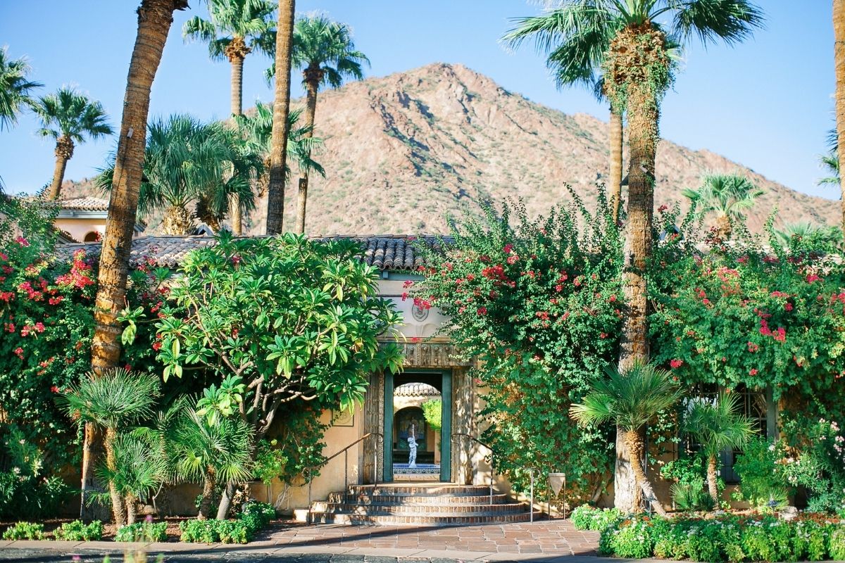 a building with palm trees and a mountain in the background