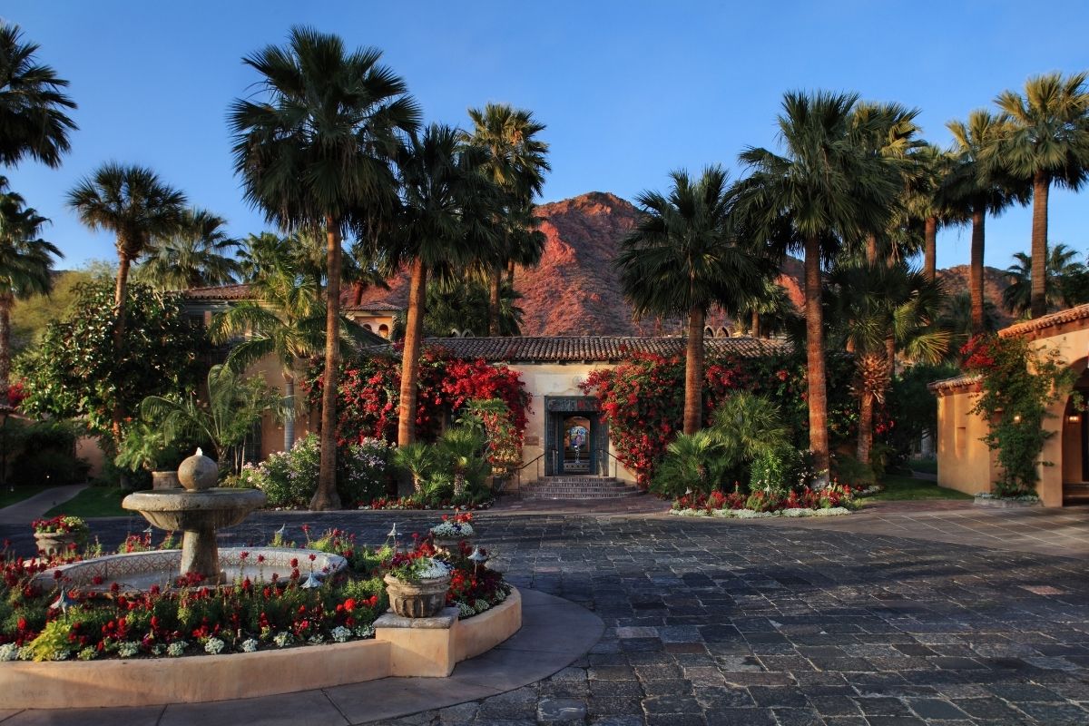a courtyard with palm trees and a fountain