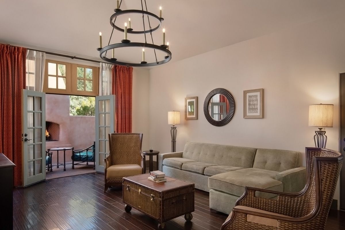 a living room with a couch and a coffee table
