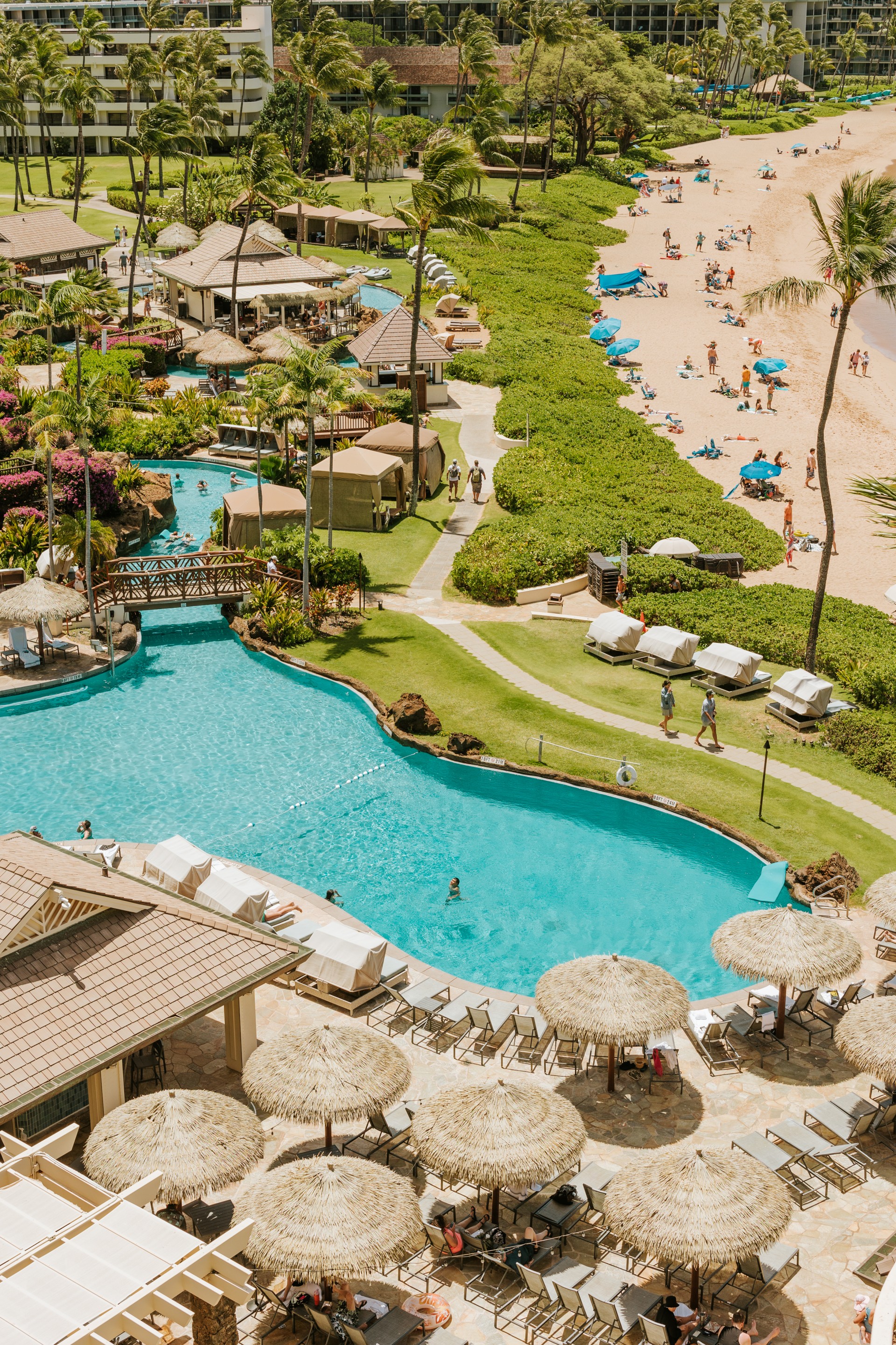 a swimming pool with people and a beach