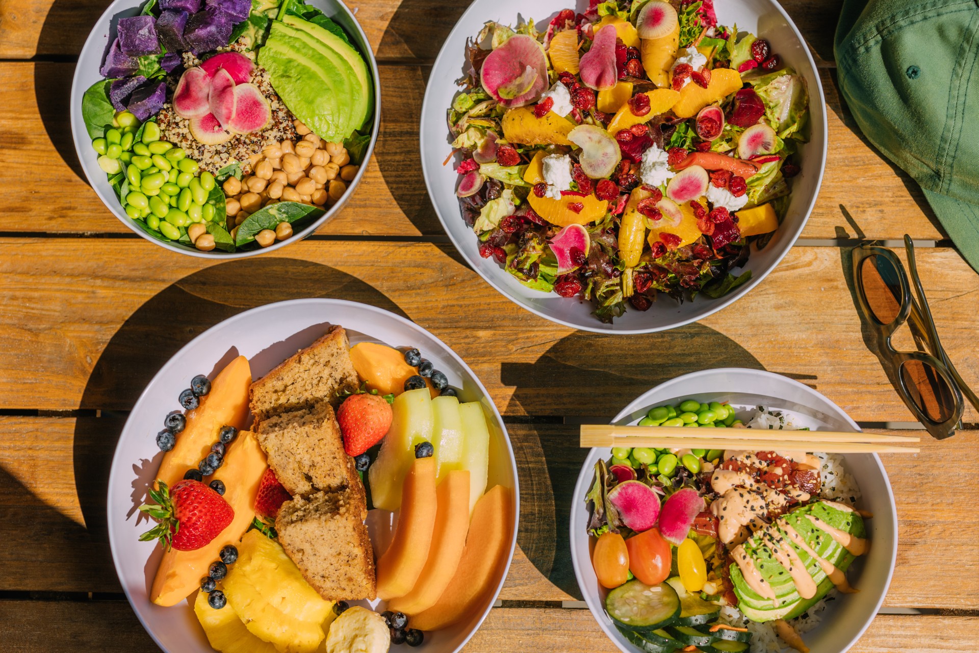a group of bowls of food