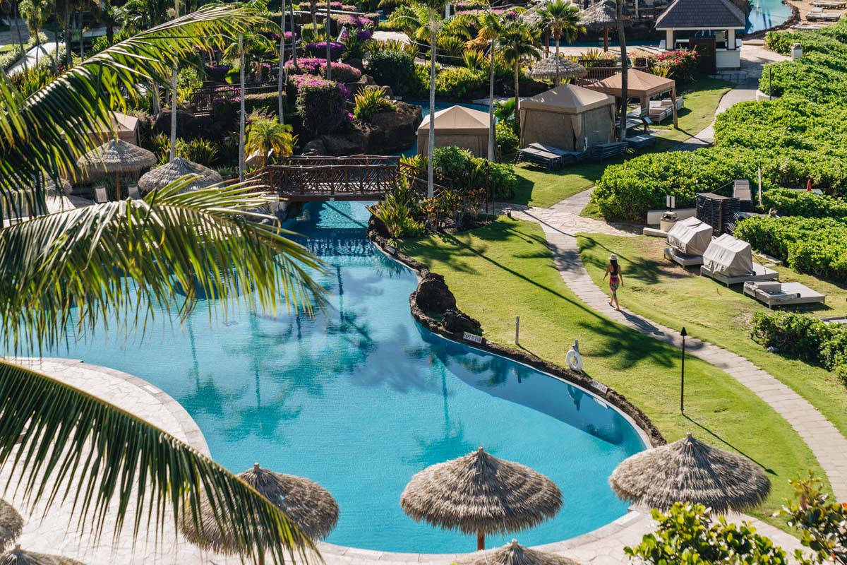 a pool with grass and trees